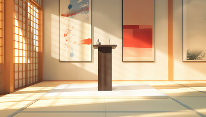 Interior Scene with Pedestal, Shoji Screen, and Abstract Paintings