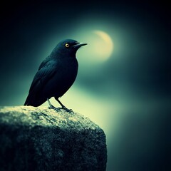 Fototapeta premium Black bird perched on rock at night under moon.