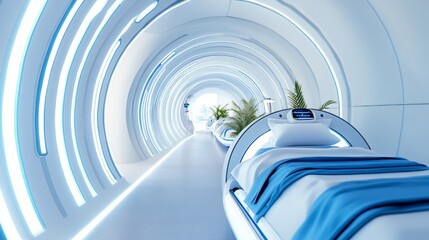 A futuristic healthcare facility featuring robotic assistants and advanced medical technology, providing innovative solutions for patient care and medical efficiency.