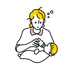赤ちゃんにミルクをあげる女性のイラスト。育児休業中。夜間授乳。育児疲れ。