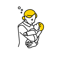 赤ちゃんを抱っこする女性。育児疲れのイラスト。