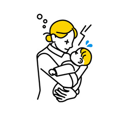 泣く赤ちゃんを抱っこする女性のイラスト。育児疲れ。赤ちゃんの夜泣きのイラスト。