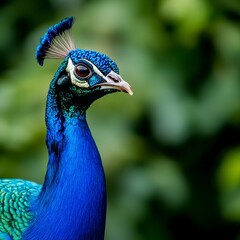 Close-up of a peacock's head and neck, vibrant blue plumage against a blurred green background.