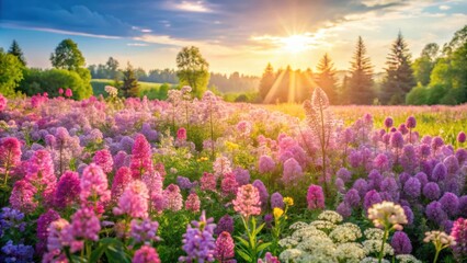Fototapeta premium Summer flower meadow with pink wildflowers and lilac bushes in morning sunlight , wildflowers, meadow, summer, pink