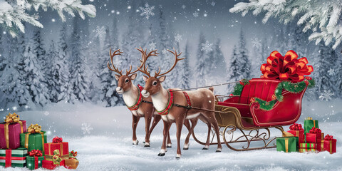 Fototapeta premium Magical Christmas Reindeer Sleigh Ride in Snowy Winter Forest