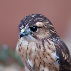Close-up portrait of a young hawk with dark eyes and brown feathers.