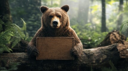 Obraz premium Bear holding a sign in a lush forest nature photography tranquil environment animal portrait whimsical concept
