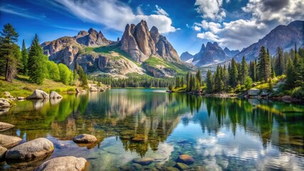 Mountain landscape with a serene lake, surrounded by towering rocks , mountains, landscape, water, rocks, nature