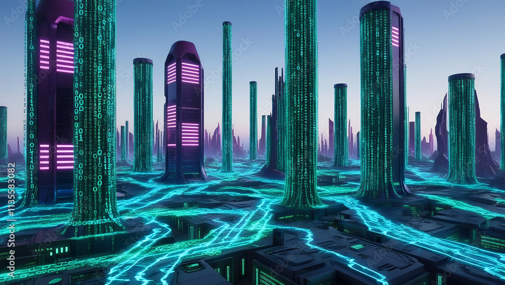 Poster futuristic cityscape filled with towering structures and glowing neon lights, showcasing digital wor