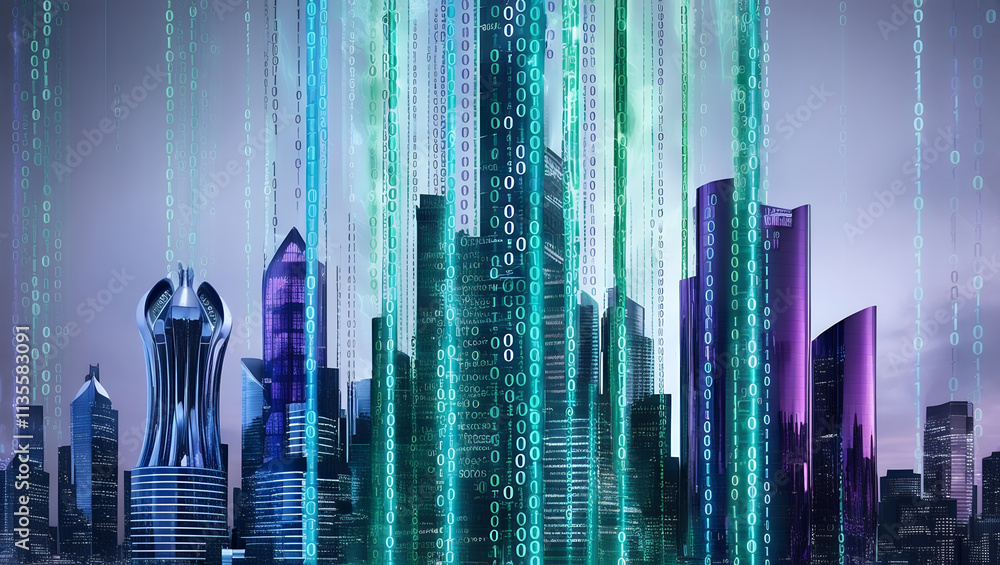 Poster futuristic city skyline with digital binary code overlay, showcasing advanced architecture and techn