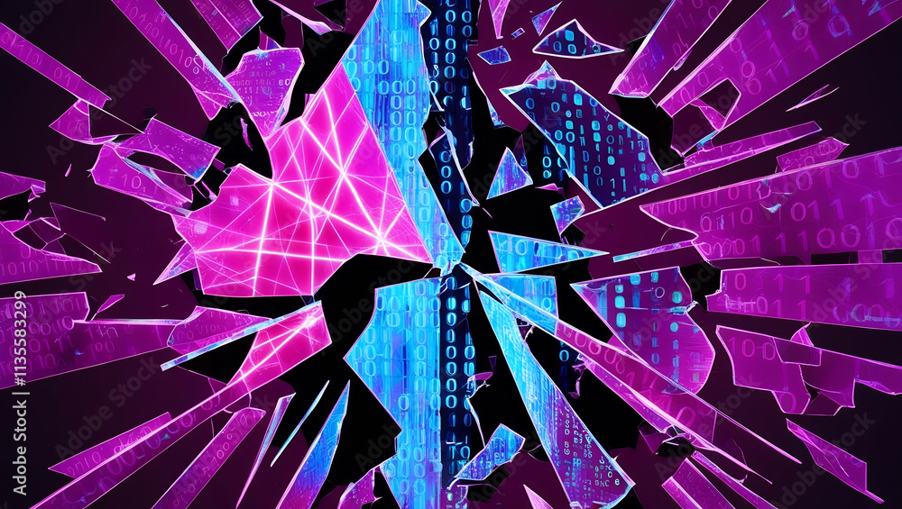 Poster shattered neon hologram with vibrant colors and binary code creates striking visual effect. dynamic 