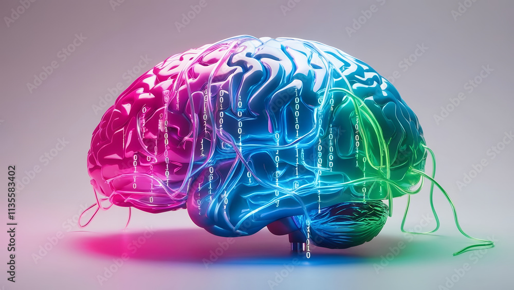 Poster colorful digital brain with binary code, symbolizing technology and intelligence. vibrant colors cre