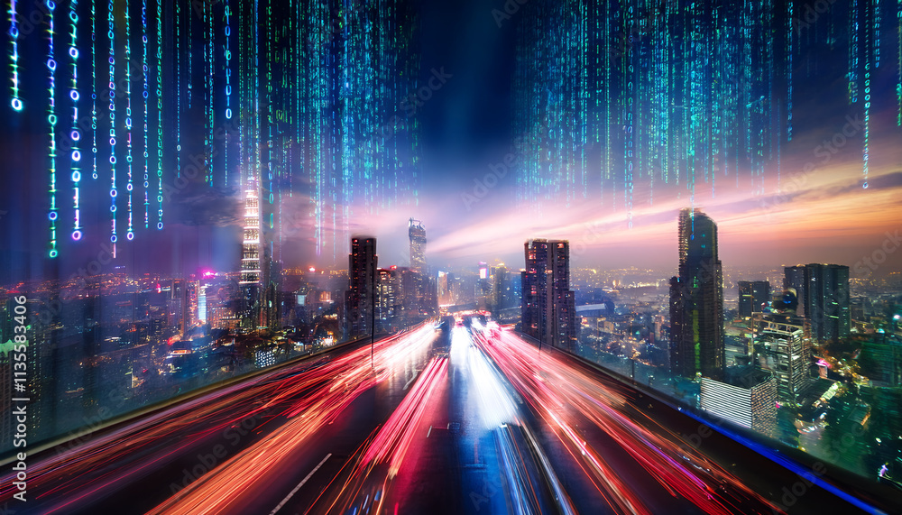 Poster vibrant cityscape at night with light trails and digital elements, showcasing futuristic urban envir