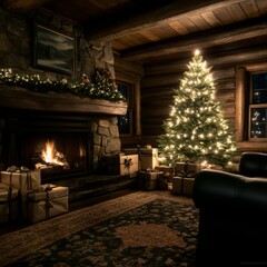 Cozy Christmas cabin interior with fireplace, decorated tree, and gifts.