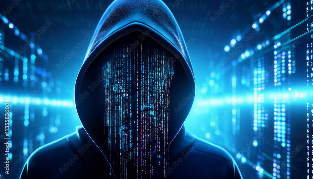 Poster mysterious figure in hoodie with digital face, surrounded by glowing data streams, evokes sense of i