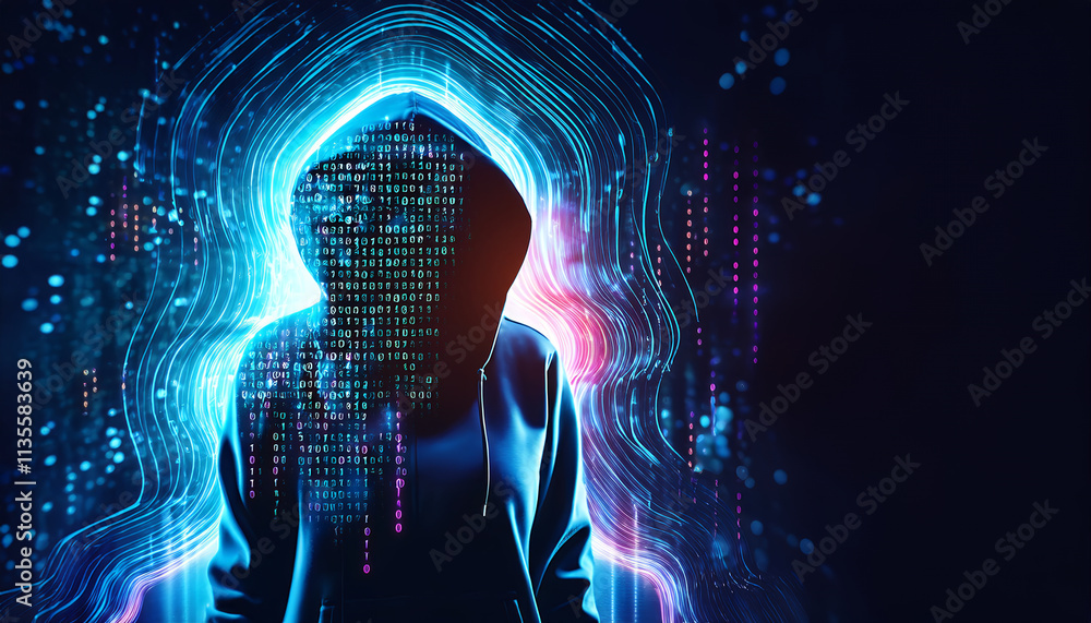 Poster mysterious figure in hoodie surrounded by glowing binary code, representing essence of hacking and t
