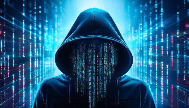 mysterious figure in hoodie stands against backdrop of glowing binary code, creating atmosphere of intrigue and technology. digital elements enhance hacker theme