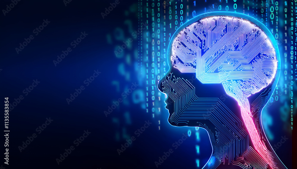 Poster digital representation of human head with circuit board design, symbolizing artificial intelligence 
