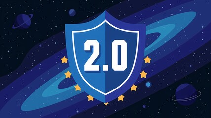 Shield with "2.0" Text Surrounded by Stars in Deep Space

