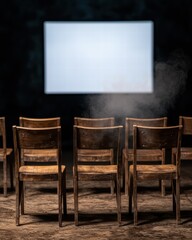 empty auditorium with wooden chairs and projection screen