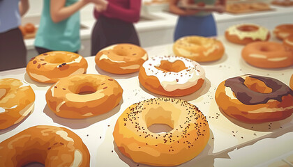 Arrangement of Bagels and Donuts on a White Surface