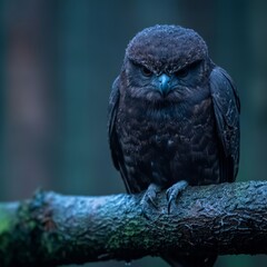 Obraz premium Dark-colored owl perched on a branch, moody atmosphere.