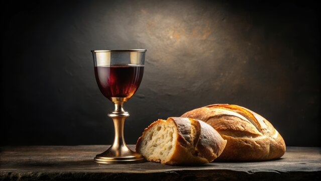 Symbols of communion wine and bread on black background, communion, religious, sacrament, Christianity, spiritual, ceremony, eucharist