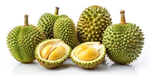 Unripe durians of various sizes and shapes, with one cut open , durian, unripe, fruit, tropical, spiky, cut open, exotic