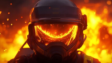 Firefighter battling intense blaze urban setting action scene fiery environment close-up view heroic concept