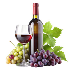 Obraz premium Bottle of wine and glass with grapes on white background 