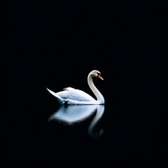 Elegant white swan gracefully gliding on dark water, its reflection mirrored perfectly.