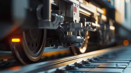 Fototapeta premium Train movement urban railway close-up image industrial environment low angle view transport dynamics