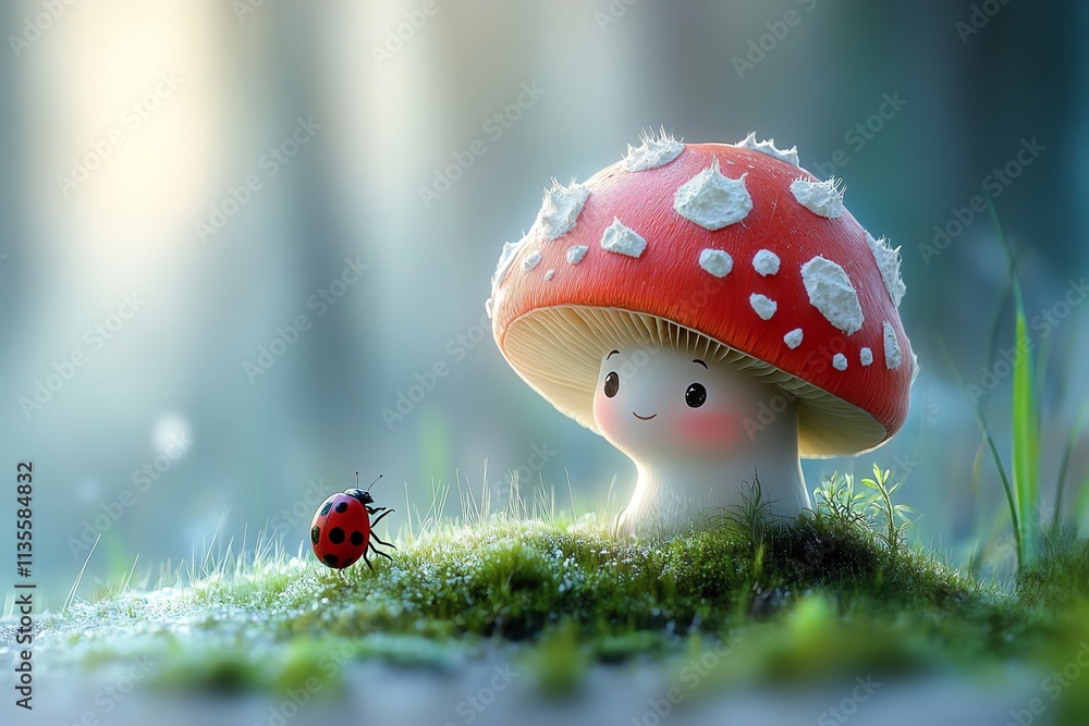 Poster a whimsical scene featuring a smiling mushroom and a ladybug in a serene forest setting.