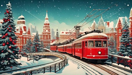 A red Christmas trolley in a snowy scene with Christmas trees