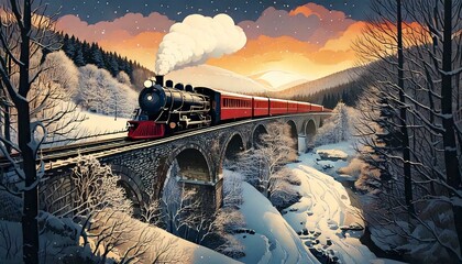 A steam engine crossing a bridge in a snowy scene