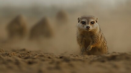 A curious meerkat emerges from the dusty ground, displaying its endearing features in a soft, blurred background.