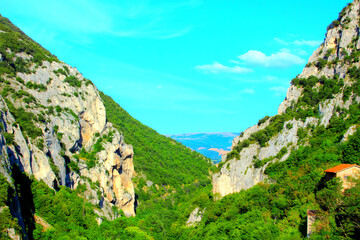 Impressive view at the Sibillini Mountains from Pioraco, a V-shaped formation of majestic mountain...