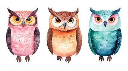 Fototapeta premium Three colorful owls with distinct features and expressions, showcasing a blend of artistic styles and vibrant colors.