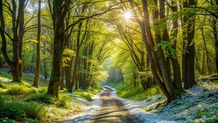Obraz premium Spring forest path with remnants of snow, lush green trees, and sunlight filtering through the branches, forest, path, spring