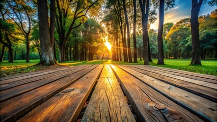 Fototapeta premium Plank floor in a park at sunset with wooden planks and forest debris, wood, planks, floor, park, sunset, forest