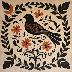 Folk art style illustration of a bird amidst flowers and leaves within a wreath.