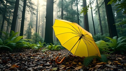 yellow umbrella on the ground in a rainy forest