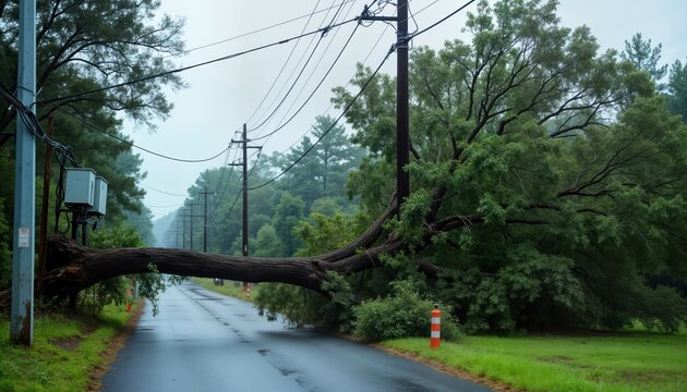Fallen tree across road entangled in power lines after storm. Utility pole, transformer damaged. Infrastructure disruption visible. Emergency repair needed. Road blocked. Severe weather impact.