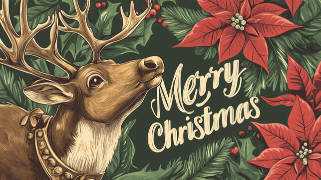 Vintage Merry Christmas postcards hand drawn reindeer poinsettia snowy landscapes retro typography nostalgic holiday greeting seasonal decor invitation clipart wallpaper print traditional cute