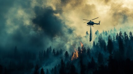 Fototapeta premium Helicopter fighting wildfire forest area action photo dramatic environment aerial view emergency response