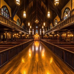 Grand church interior with wooden pews, stained glass, and polished floors.