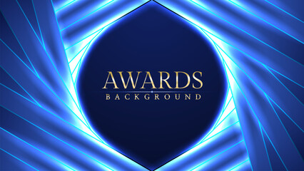 Dark blue luxury awards graphics background with light neon elegant shine spotlight effects. Premium corporate abstract design template. Banner certificate dynamic shape.
