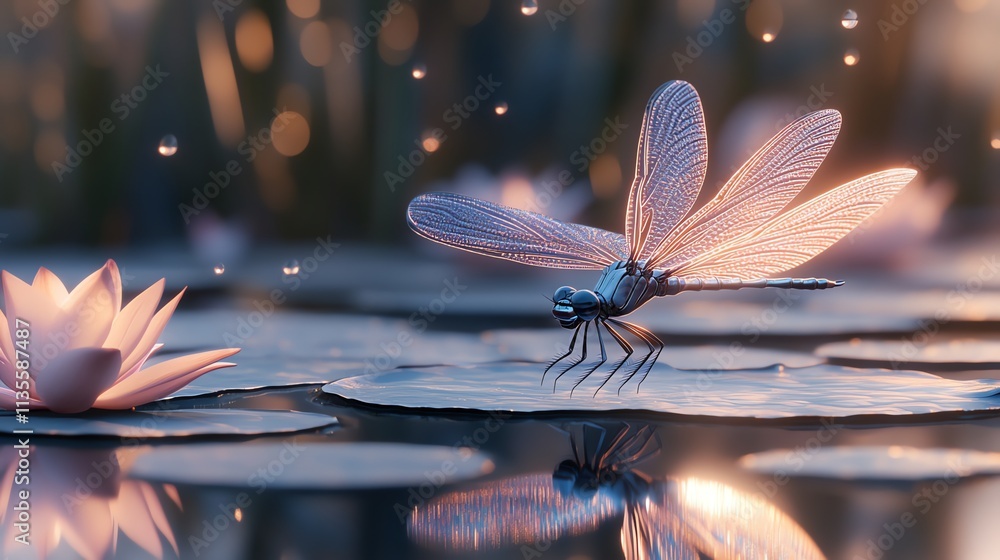Aufkleber a serene scene featuring a dragonfly on a lily pad, illuminated by soft light and water droplets.
