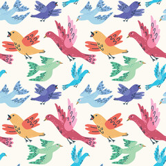 Seamless pattern featuring handdrawn cute colorful birds