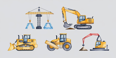 Watercolor Construction Vehicles Crane Excavator Bulldozer Grader and Digger
